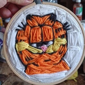 Handcrafted Garfield Embroidery 🪡 With White Background 5" Hoop Included